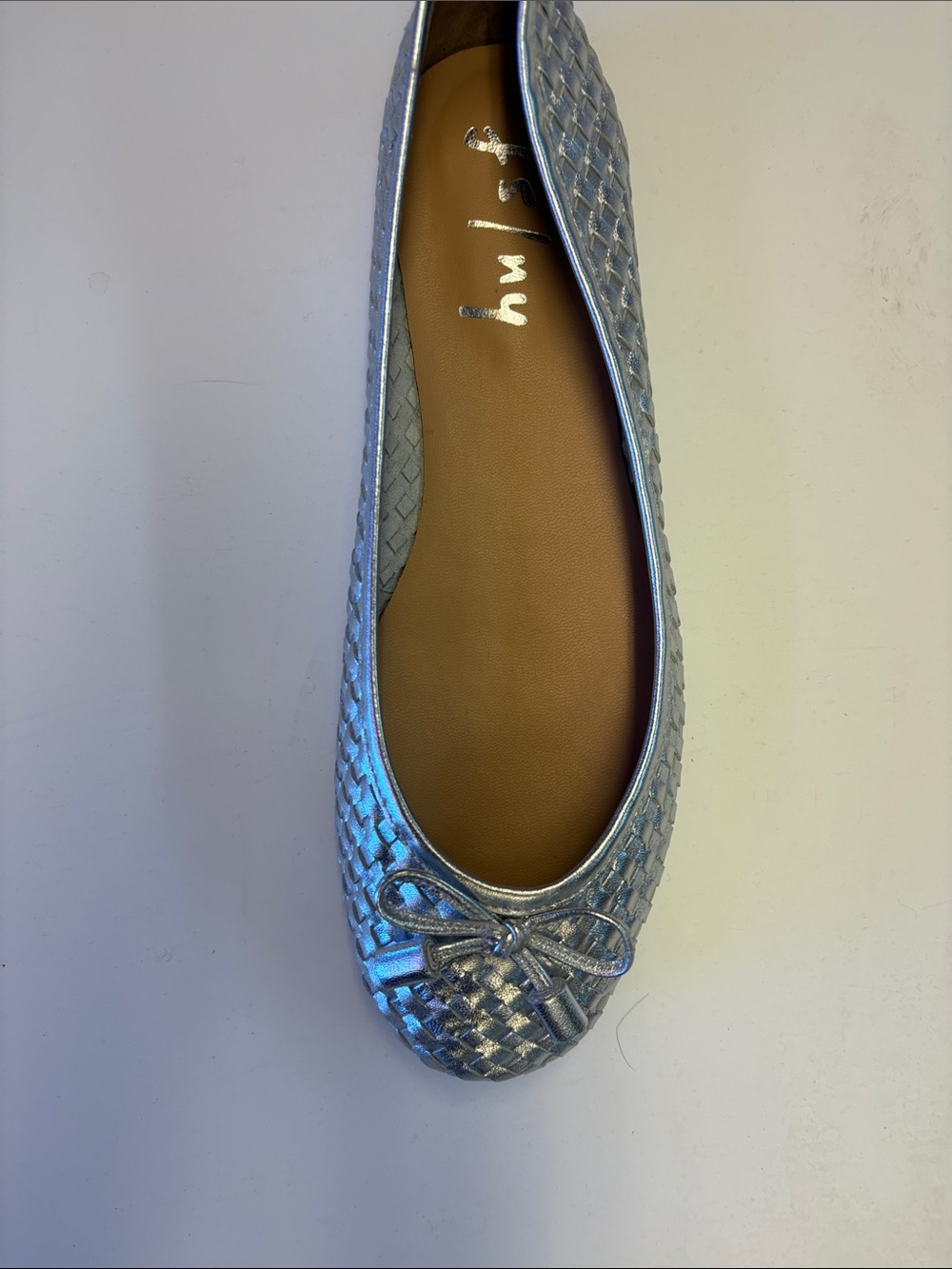 French Sole Silver Woven Ballet Flat with Bow